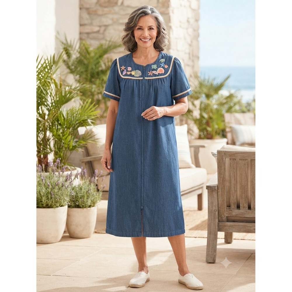 Go Softly Patio House Dress Duster MuMu M Embroidered Zip Front Sea Life NWT